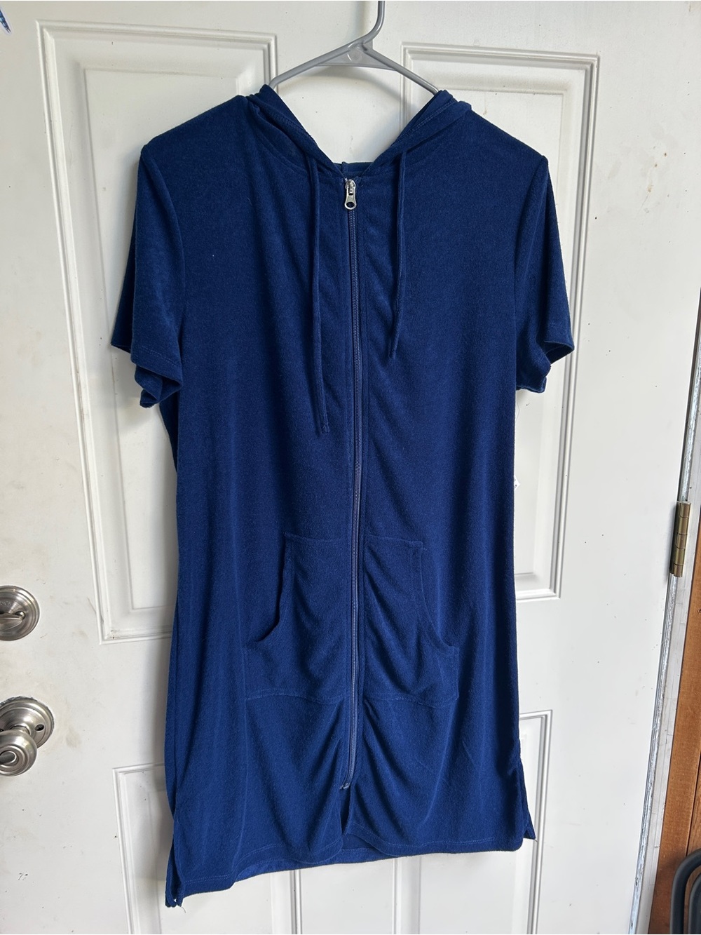 Navy Blue Short Sleeve Zip-Up Hoodie Swim Cover up